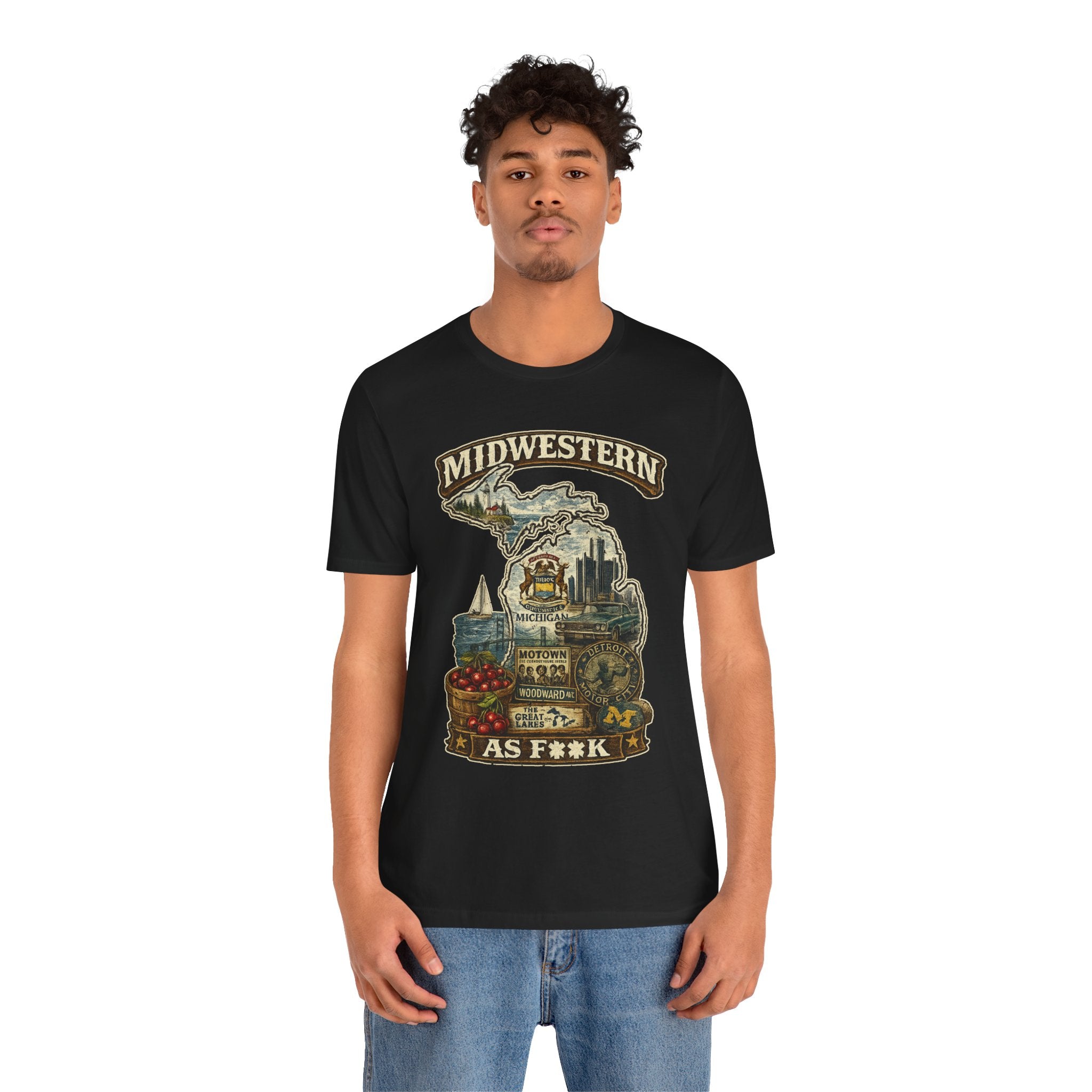 Slightly Salty Midwestern As F**K Michigan T-Shirt – product photo 9 featuring a distressed vintage design featuring Michigan's Upper and Lower Peninsulas overlaid with the state outline, surrounded by Detroit's skyline, Woodward Avenue, the Great Lakes, and Traverse City cherries