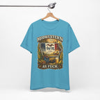 Midwestern As Fuck Iowa T-Shirt – product photo 11 featuring a distressed vintage design featuring the outline of Iowa overlaid with the Iowa state flag, surrounded by towering corn stalks, rolling farmland, a classic red barn, a windmill, a tractor, and an overflowing harvest basket