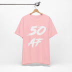 Pink birthday t-shirt on a hanger with the white 50 AF brush print