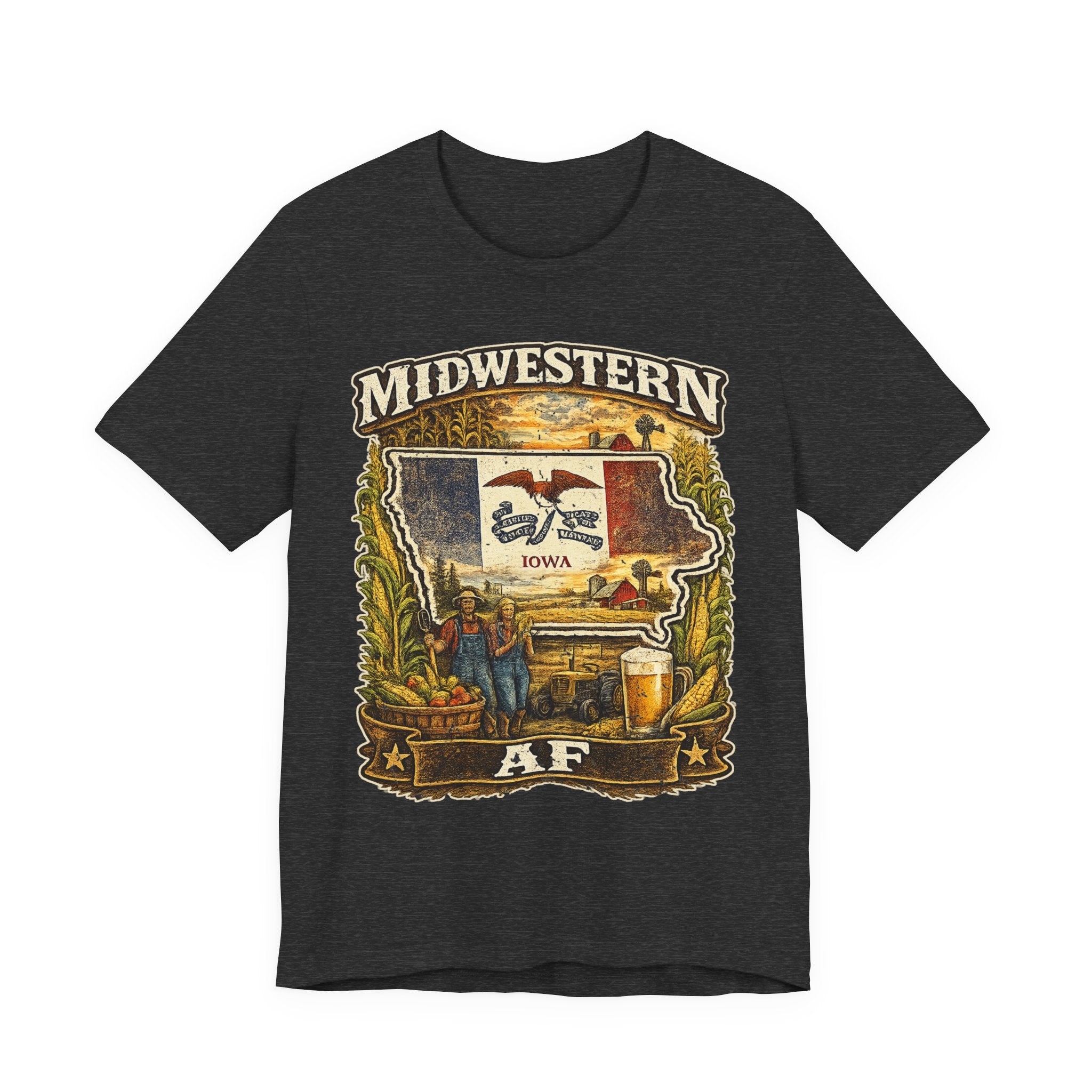 Family Friendly Midwestern AF Iowa T-Shirt in Dark Grey Heather – a distressed vintage design featuring the outline of Iowa overlaid with the Iowa state flag, surrounded by towering corn stalks, rolling farmland, a classic red barn, a windmill, a tractor, and an overflowing harvest basket