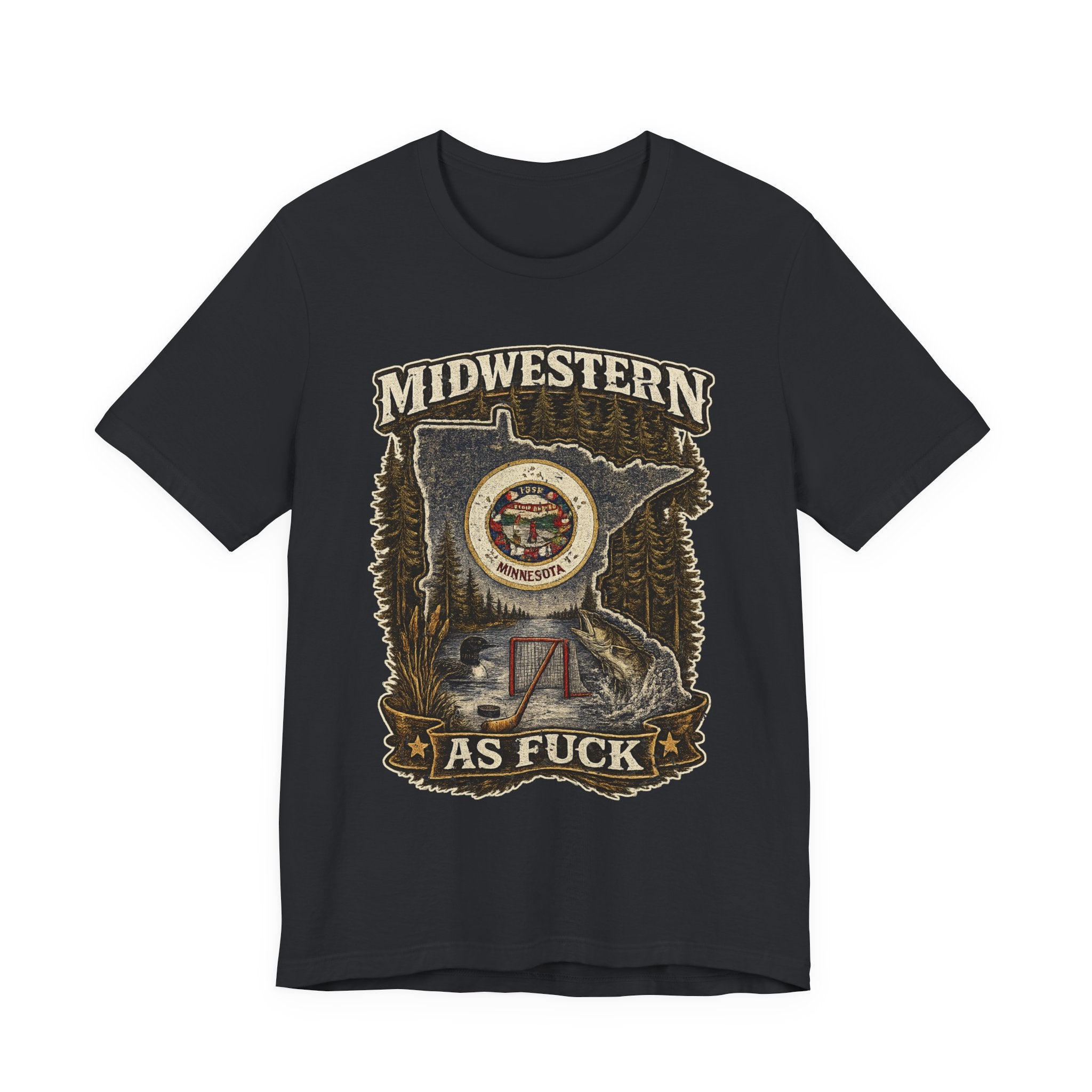 No Filter Midwestern As Fuck Minnesota T-Shirt in Vintage Black – distressed Minnesota state flag design with pine trees, loon and walleye