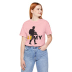 Woman in a pink Army AF tee and jeans, soldier silhouette and gold AF on the chest