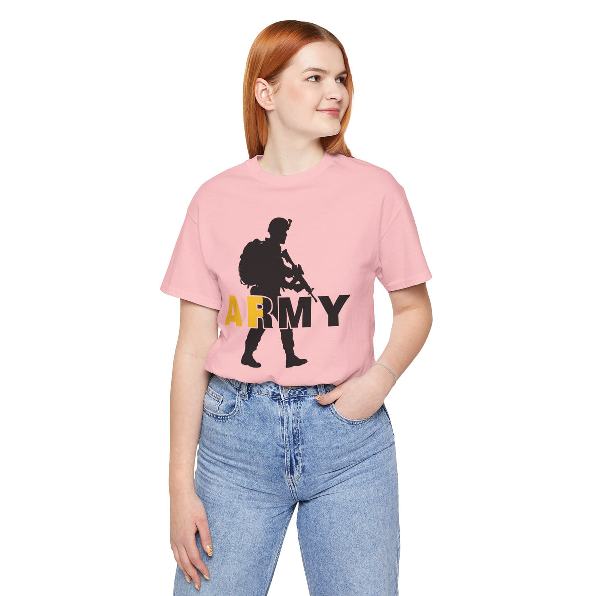 Woman in a pink Army AF tee and jeans, soldier silhouette and gold AF on the chest