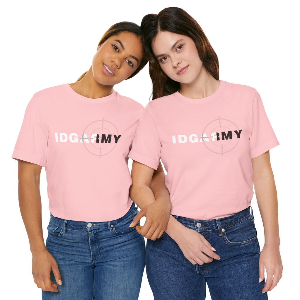 Two women wearing the pink IDGAF Army tee side by side, front print in white and charcoal