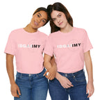 Two women wearing the pink IDGAF Army tee side by side, front print in white and charcoal