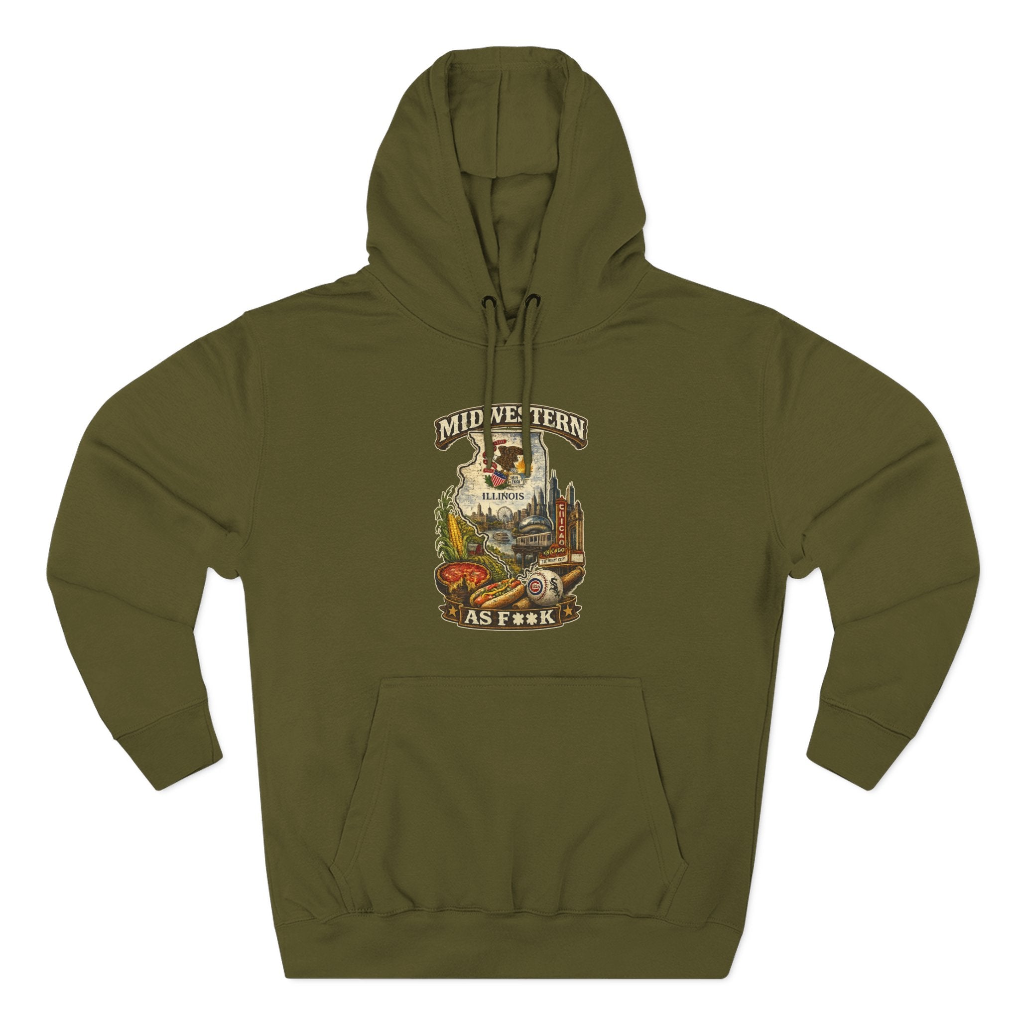 Slightly Salty Midwestern As F**K Illinois Hoodie in Army Green – a distressed vintage design featuring the Illinois state outline overlaid with the state flag, surrounded by the Chicago skyline, the Chicago Theatre sign, The Bean, deep-dish pizza, a Chicago-style hot dog, and towering corn fields