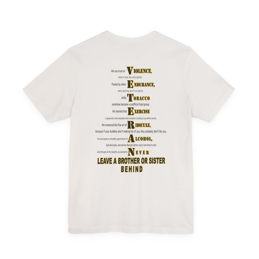 Army veteran T-shirt in Vintage White showing the full VETERAN acrostic back print