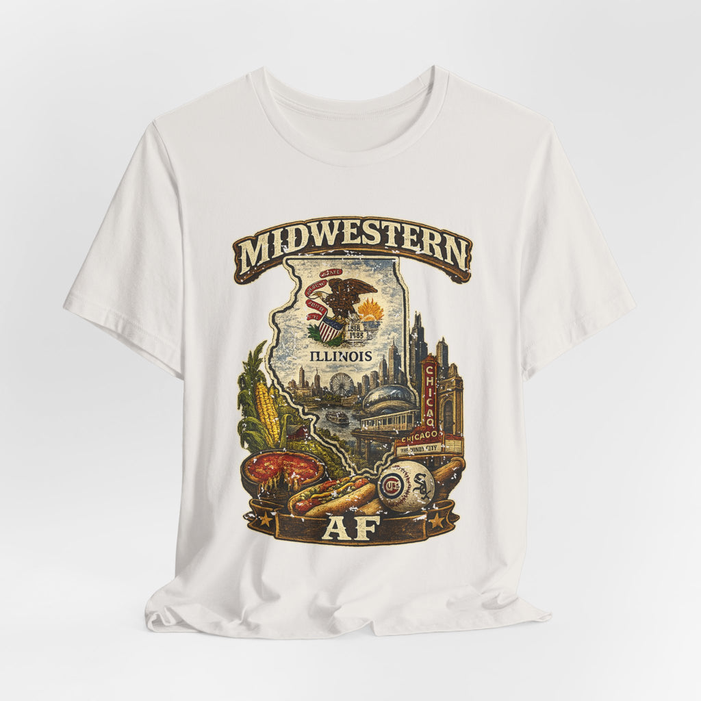 Family Friendly Midwestern AF Illinois T-Shirt – product photo 25 featuring a distressed vintage design featuring the Illinois state outline overlaid with the state flag, surrounded by the Chicago skyline, the Chicago Theatre sign, The Bean, deep-dish pizza, a Chicago-style hot dog, and towering corn fields