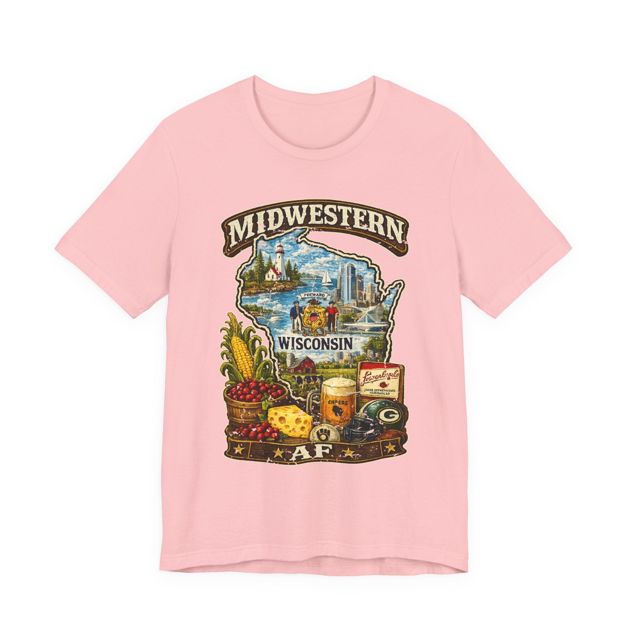 Pink Midwestern AF Wisconsin T-Shirt, family friendly Cheesehead State pride tee