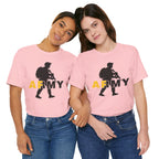 Two women wearing pink Army AF tees, gold AF standing out of the dark ARMY type