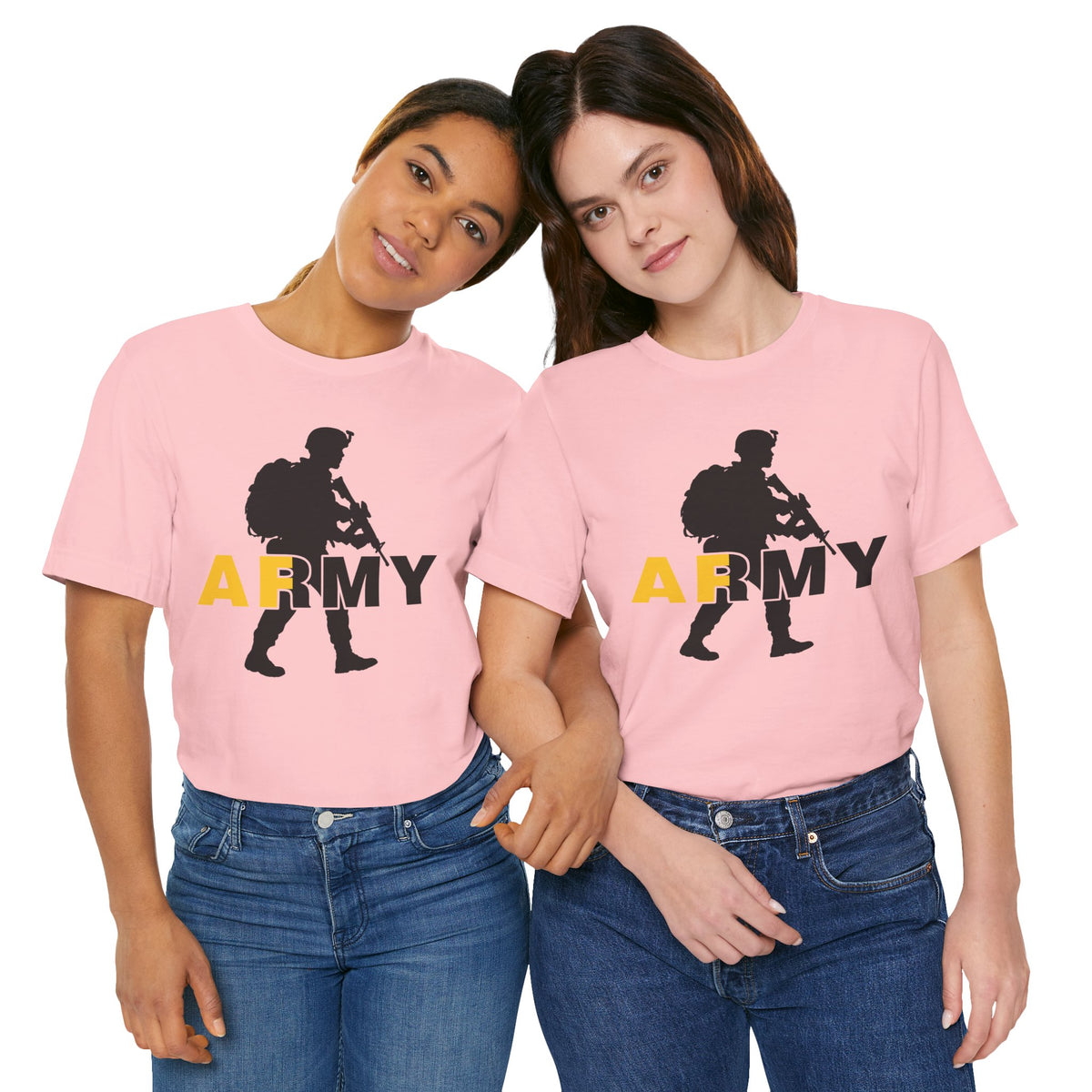 Two women wearing pink Army AF tees, gold AF standing out of the dark ARMY type