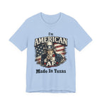 Baby blue flat lay tee with the Uncle Sam graphic and 'I'm American AF, Made In Texas' text