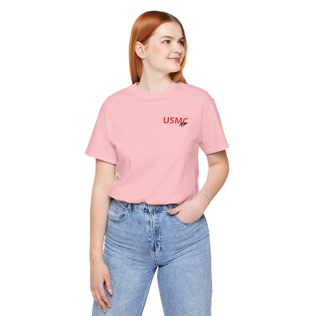 Woman wearing the Marine Corps veteran T-shirt in Pink with the USMC AF chest print, front view