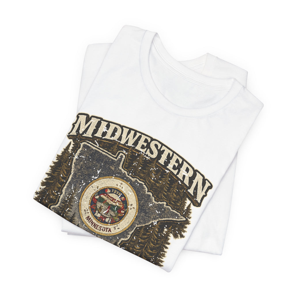 No Filter Midwestern As Fuck Minnesota T-Shirt – product photo 21 featuring the distressed state flag, pine trees, loon and walleye design