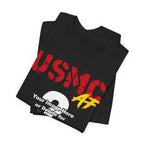 Personalized USMC Marine Corps AF T-shirt in Black shown folded, with gold USMC lettering and the custom photo area visible