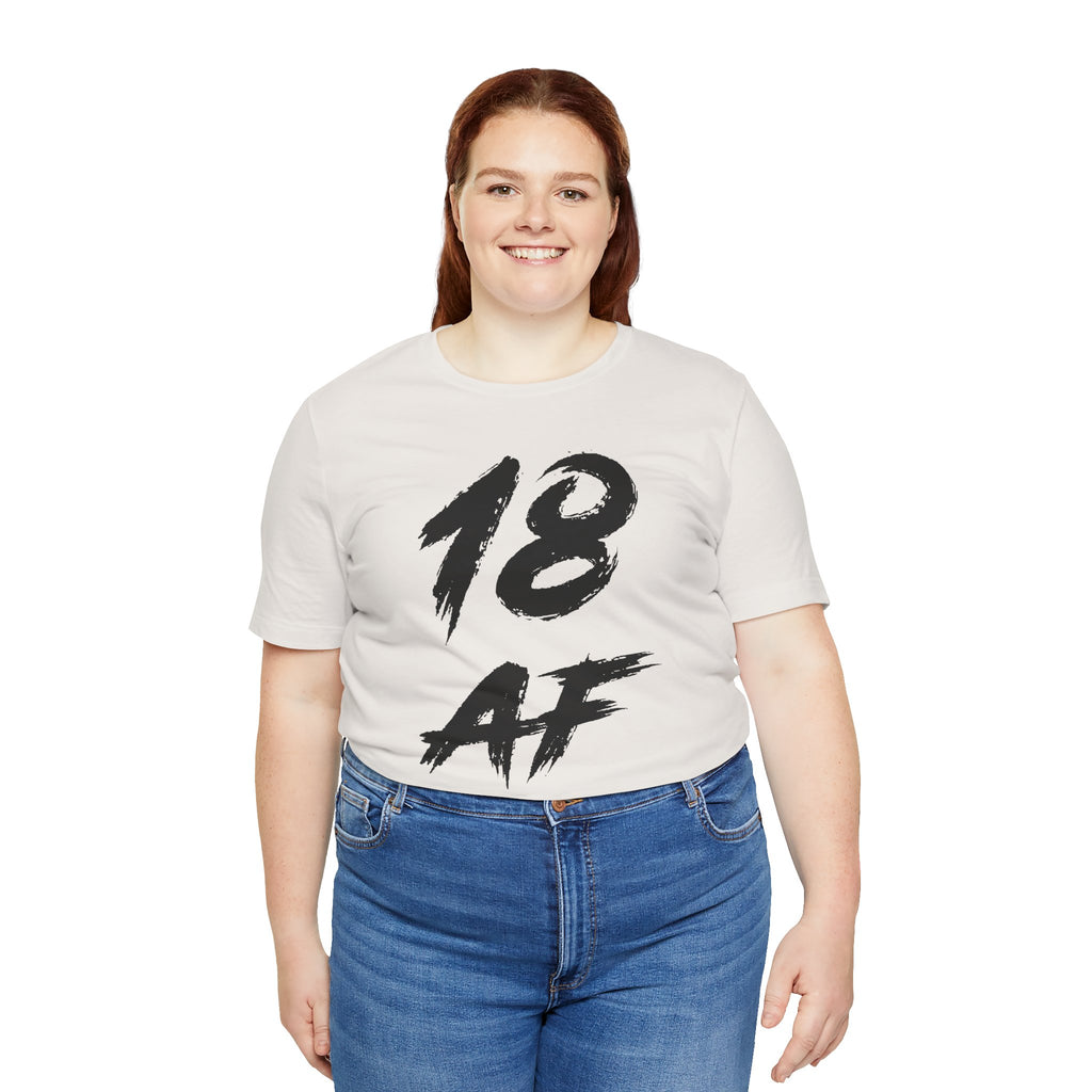 Smiling woman wearing the Vintage White 18 AF birthday tee with jeans