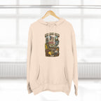 Oatmeal Ohio Midwestern AF hoodie hanging on a wooden hanger, Buckeye State graphic design