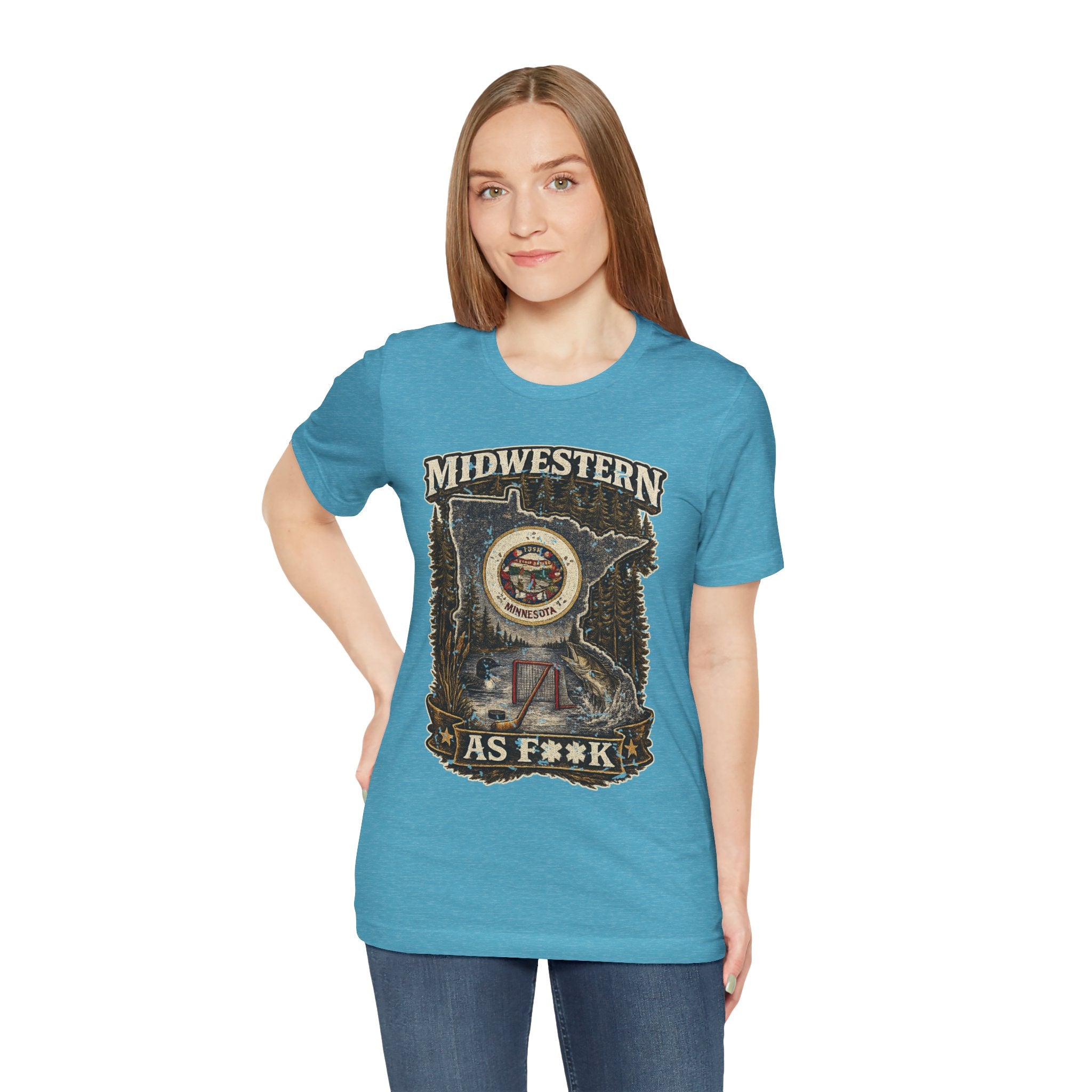 Slightly Salty Midwestern As F**K Minnesota T-Shirt – product photo 12 featuring the distressed state flag, pine trees, loon and walleye design