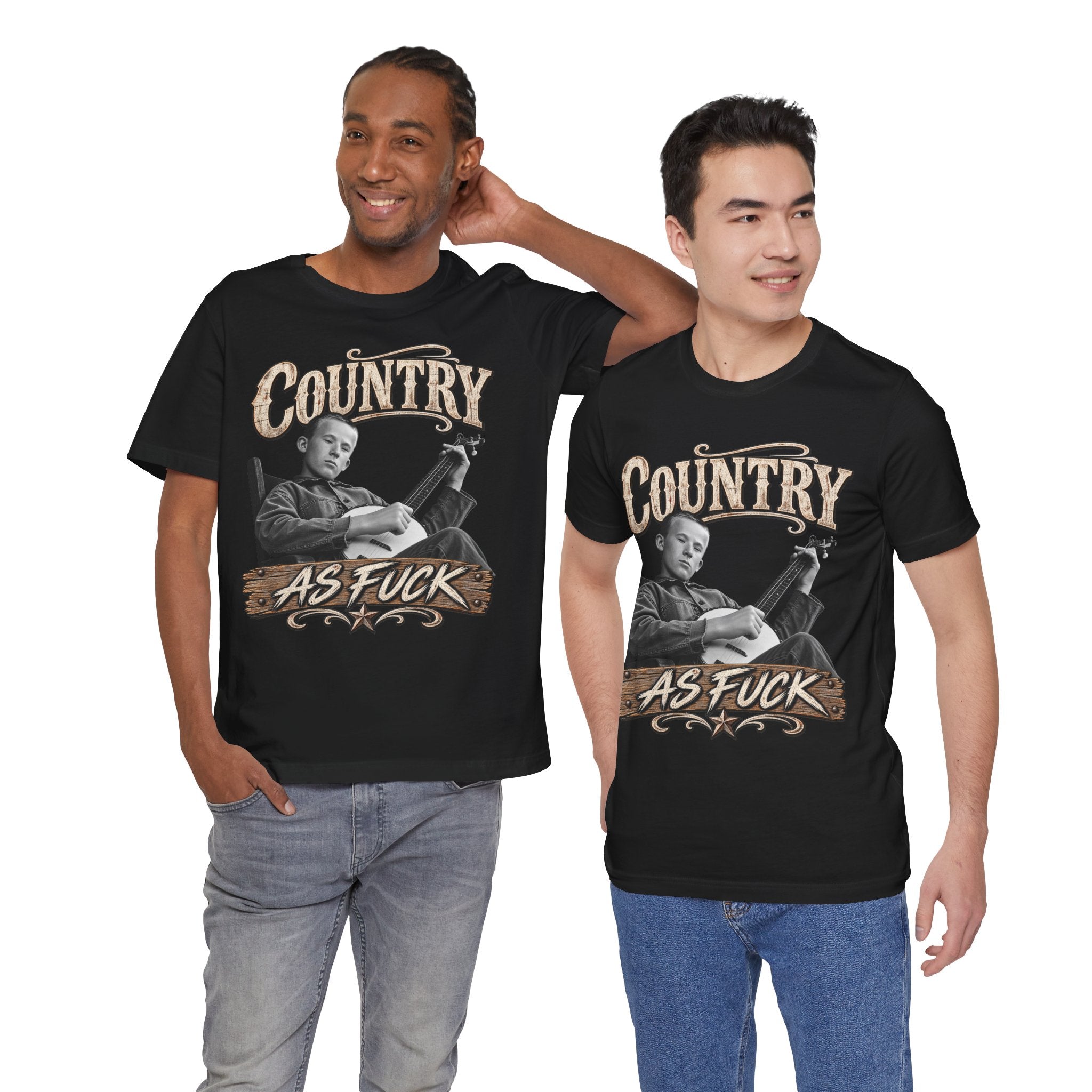 Two men side by side in Black Country As Fuck tees, front prints showing