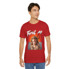 Man wearing the Red Feral AF T-shirt, white FERAL AF lettering above the feral kid photo panel