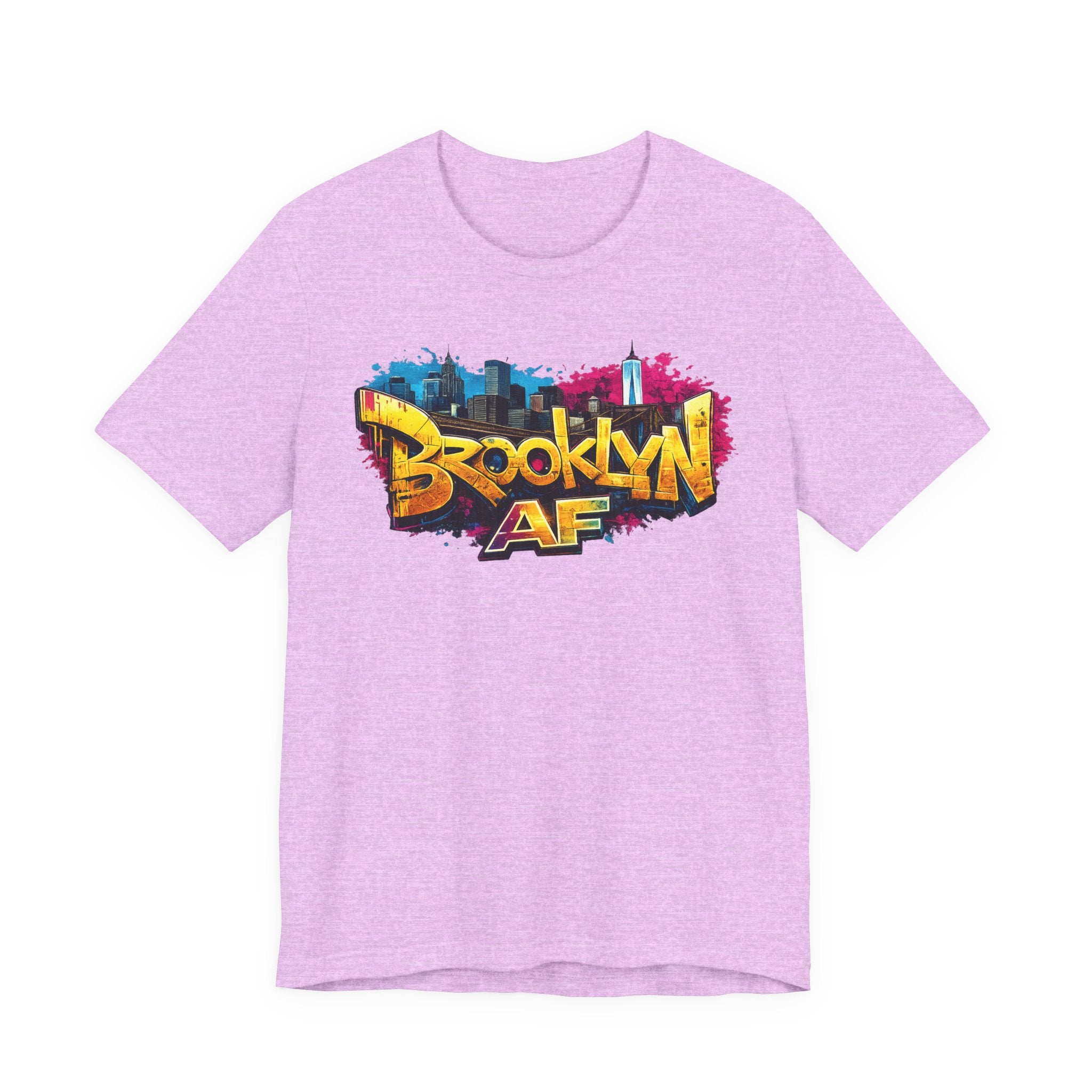 Heather Prism Lilac t-shirt, front view flat lay, showing graffiti-style Brooklyn AF lettering over a skyline splash.