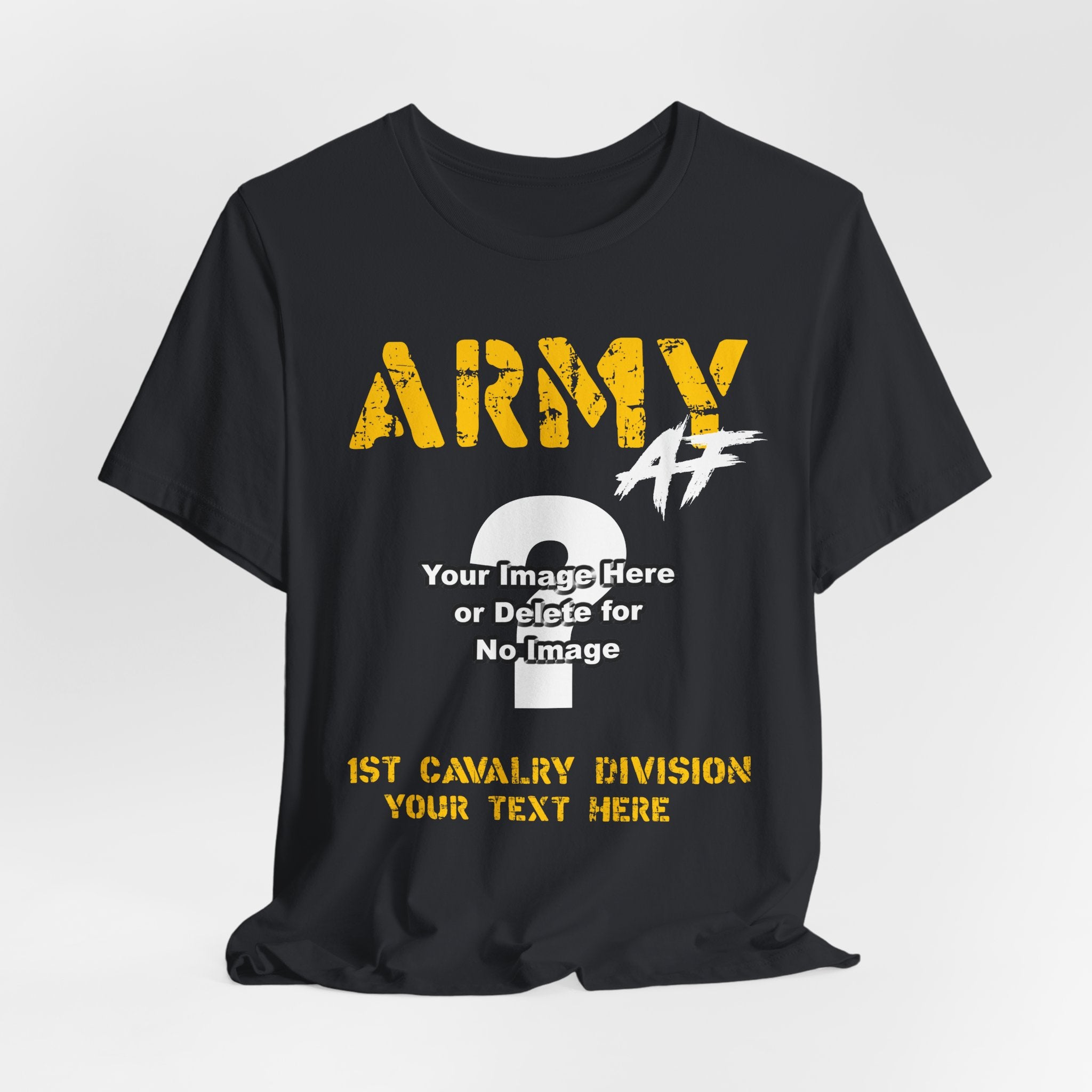 Personalized U.S. Army AF T-shirt in Vintage Black shown flat with the custom photo area and unit text