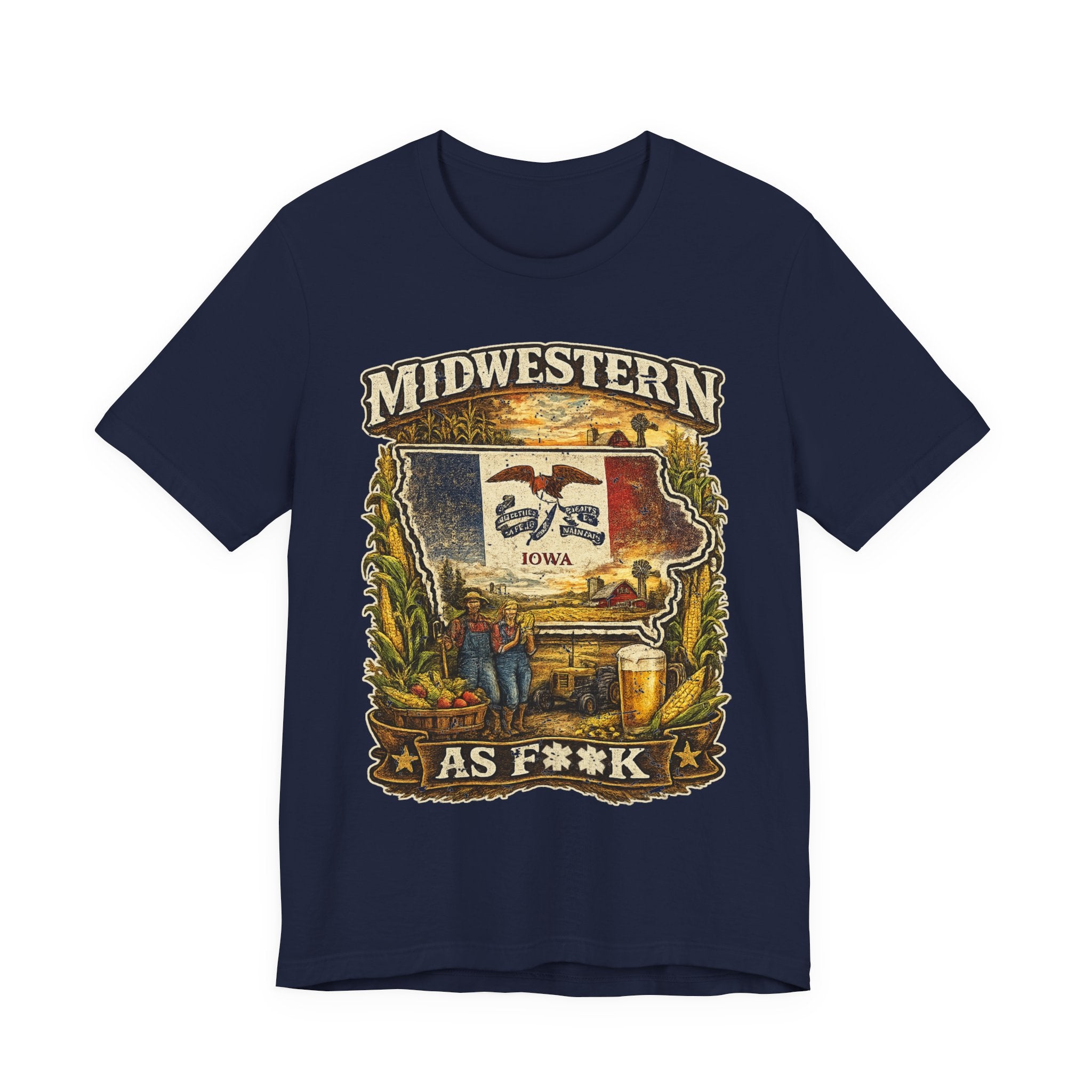 Slightly Salty Midwestern As F**K Iowa T-Shirt in Navy – a distressed vintage design featuring the outline of Iowa overlaid with the Iowa state flag, surrounded by towering corn stalks, rolling farmland, a classic red barn, a windmill, a tractor, and an overflowing harvest basket