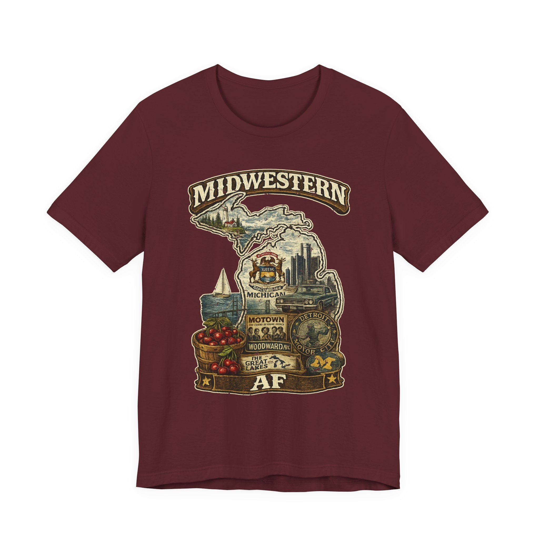 Family Friendly Midwestern AF Michigan T-Shirt in Maroon – a distressed vintage design featuring Michigan's Upper and Lower Peninsulas overlaid with the state outline, surrounded by Detroit's skyline, Woodward Avenue, the Great Lakes, and Traverse City cherries