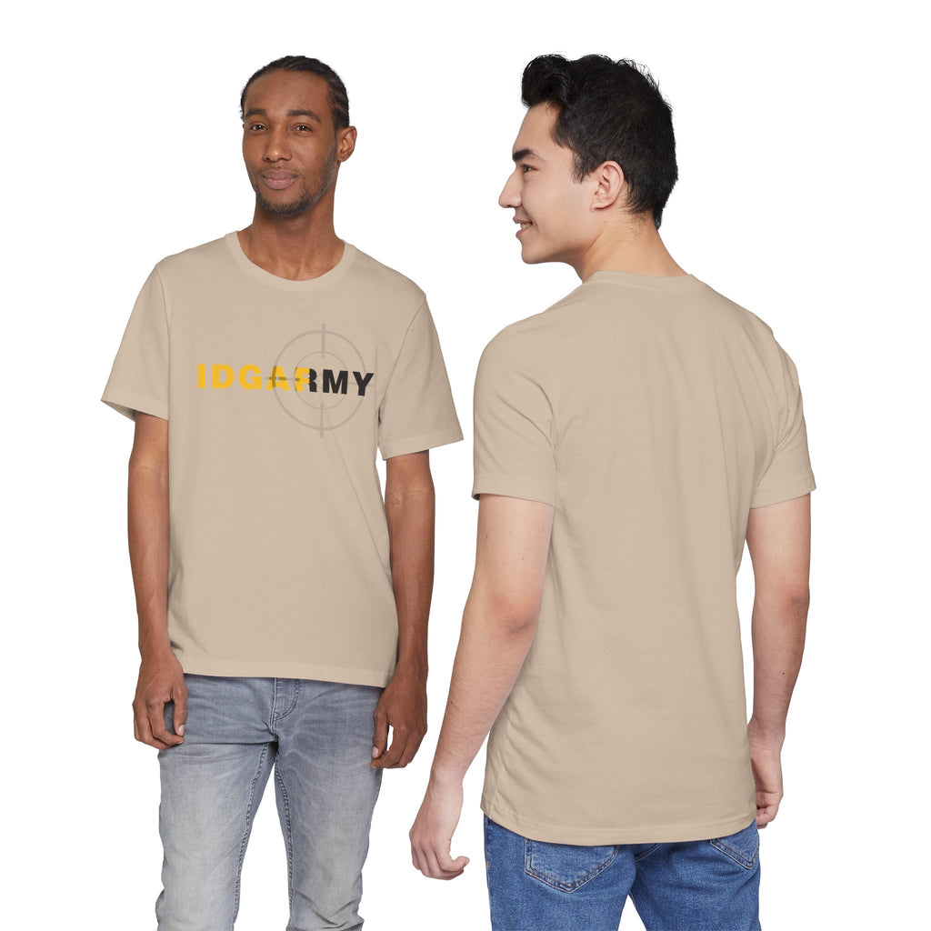 Two men in tan IDGAF Army tees, one showing the front print and one the plain back