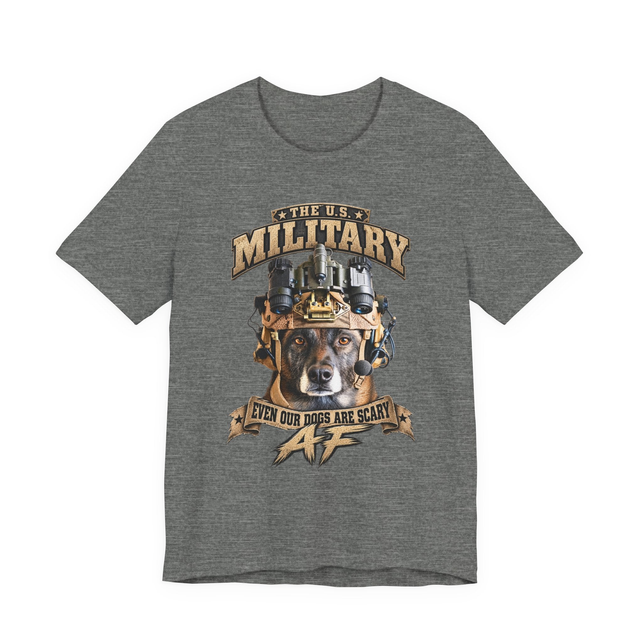 Military K-9 T-shirt in Deep Heather laid flat with the U.S. Military working dog front print