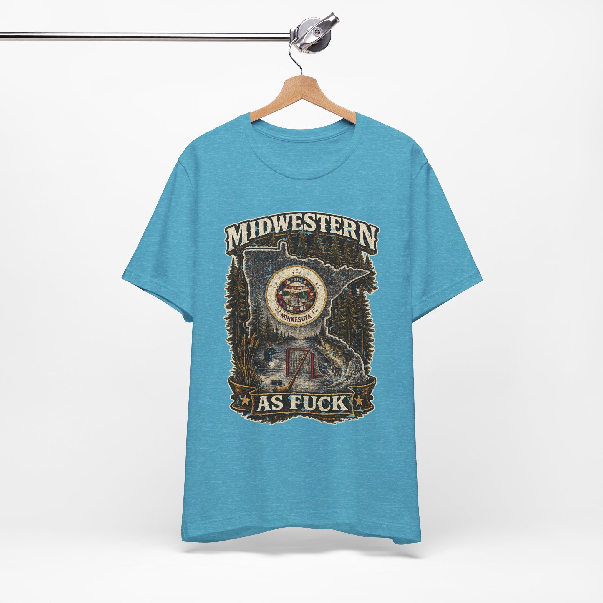 No Filter Midwestern As Fuck Minnesota T-Shirt – product photo 11 featuring the distressed state flag, pine trees, loon and walleye design