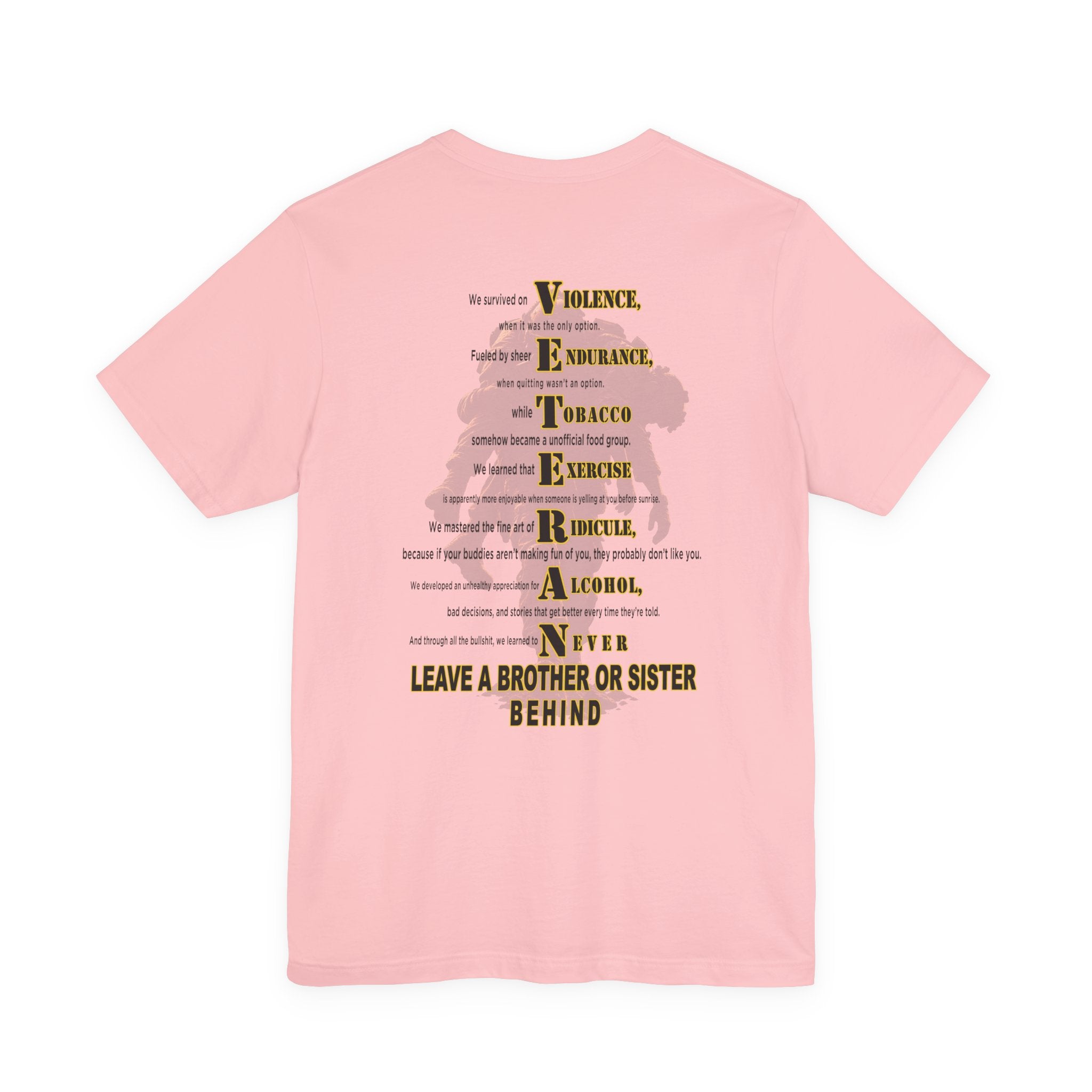 Army veteran tee in Pink with the VETERAN acrostic back print over a soldier carrying a wounded comrade