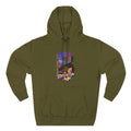 Army green hoodie, front-facing flat lay, showing the oversized "B" with a Brooklyn Bridge sunset skyline graphic.