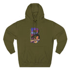 Army green hoodie, front-facing flat lay, showing the oversized "B" with a Brooklyn Bridge sunset skyline graphic.