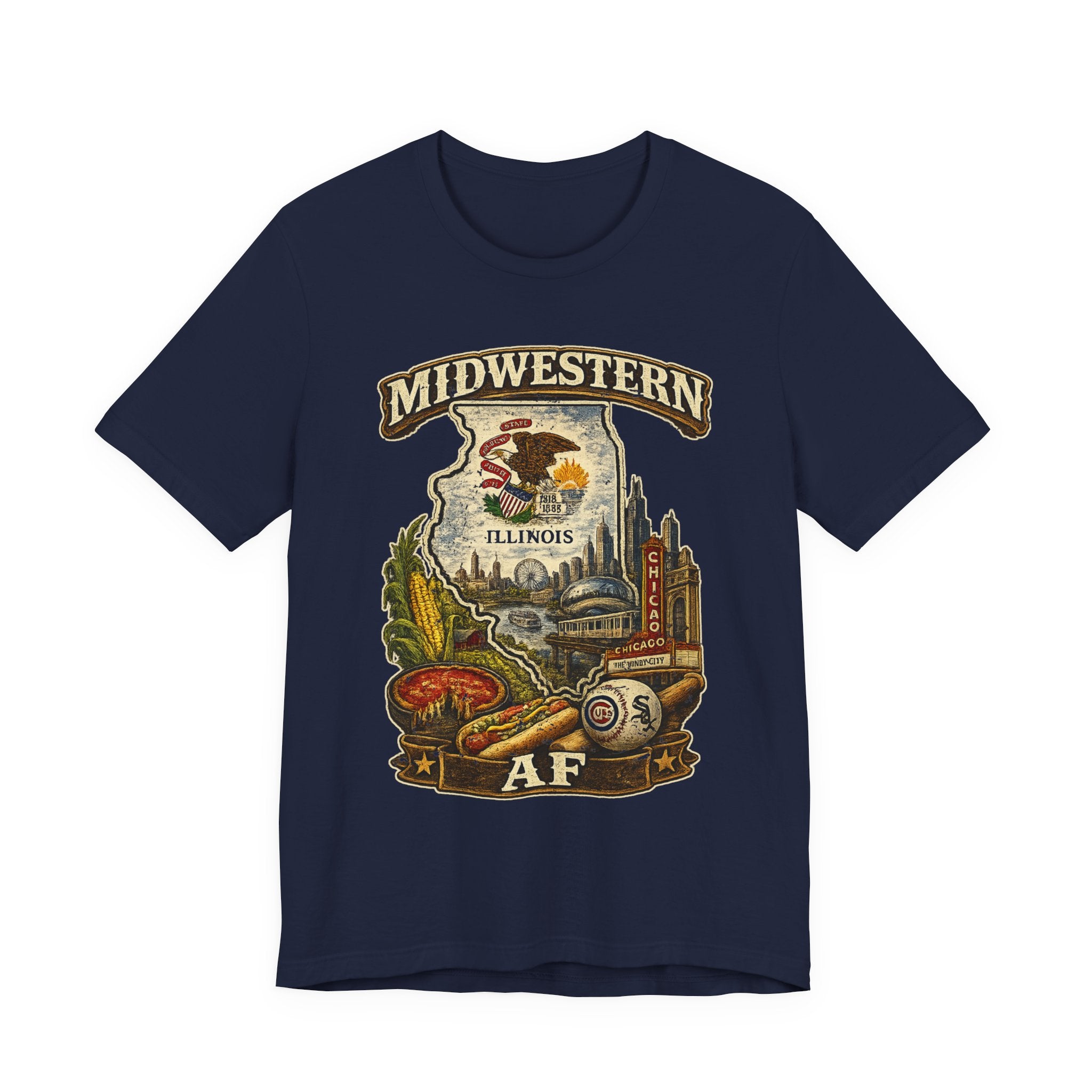 Family Friendly Midwestern AF Illinois T-Shirt in Navy – a distressed vintage design featuring the Illinois state outline overlaid with the state flag, surrounded by the Chicago skyline, the Chicago Theatre sign, The Bean, deep-dish pizza, a Chicago-style hot dog, and towering corn fields