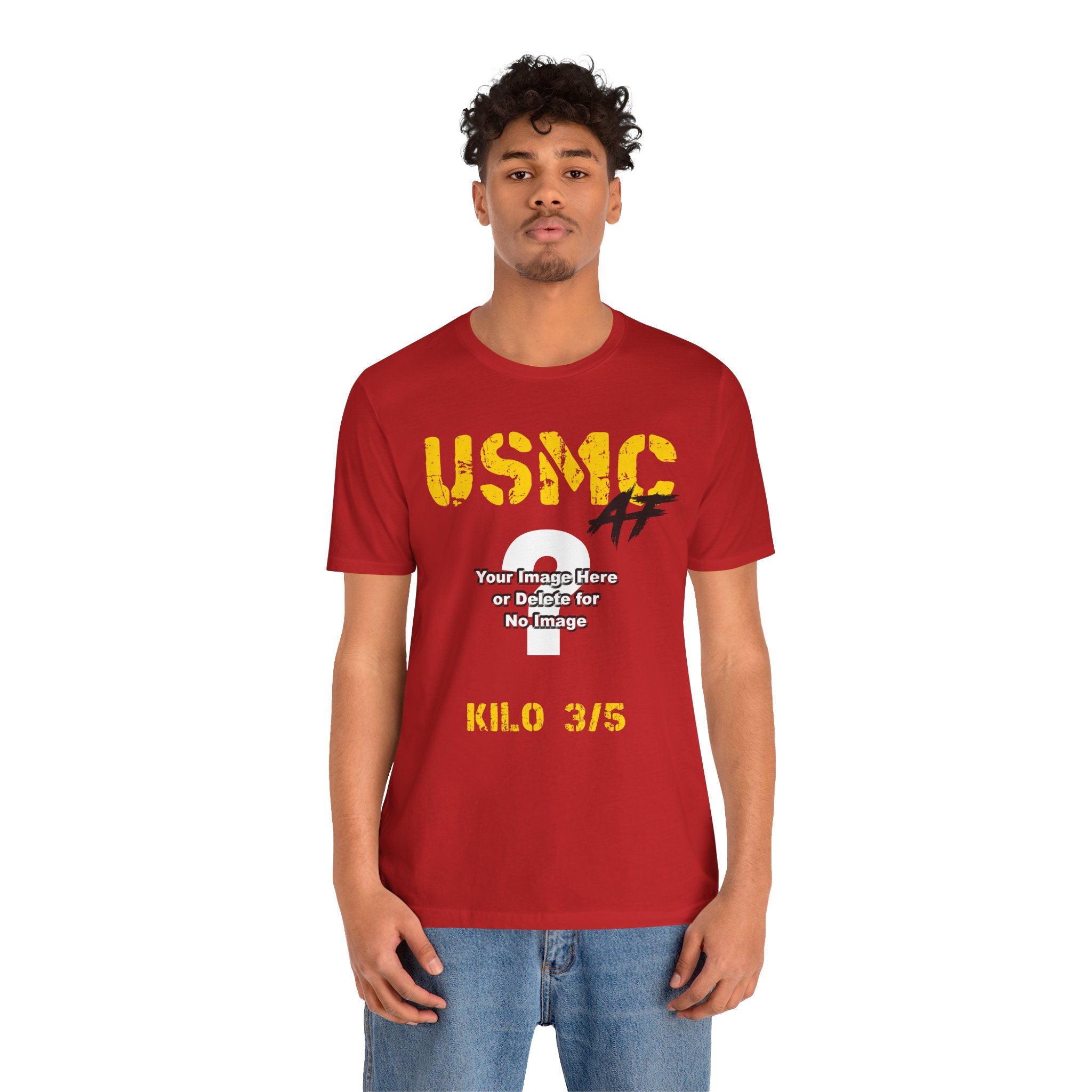 Man wearing the personalized USMC Marine Corps AF T-shirt in Red with a custom photo area and unit text