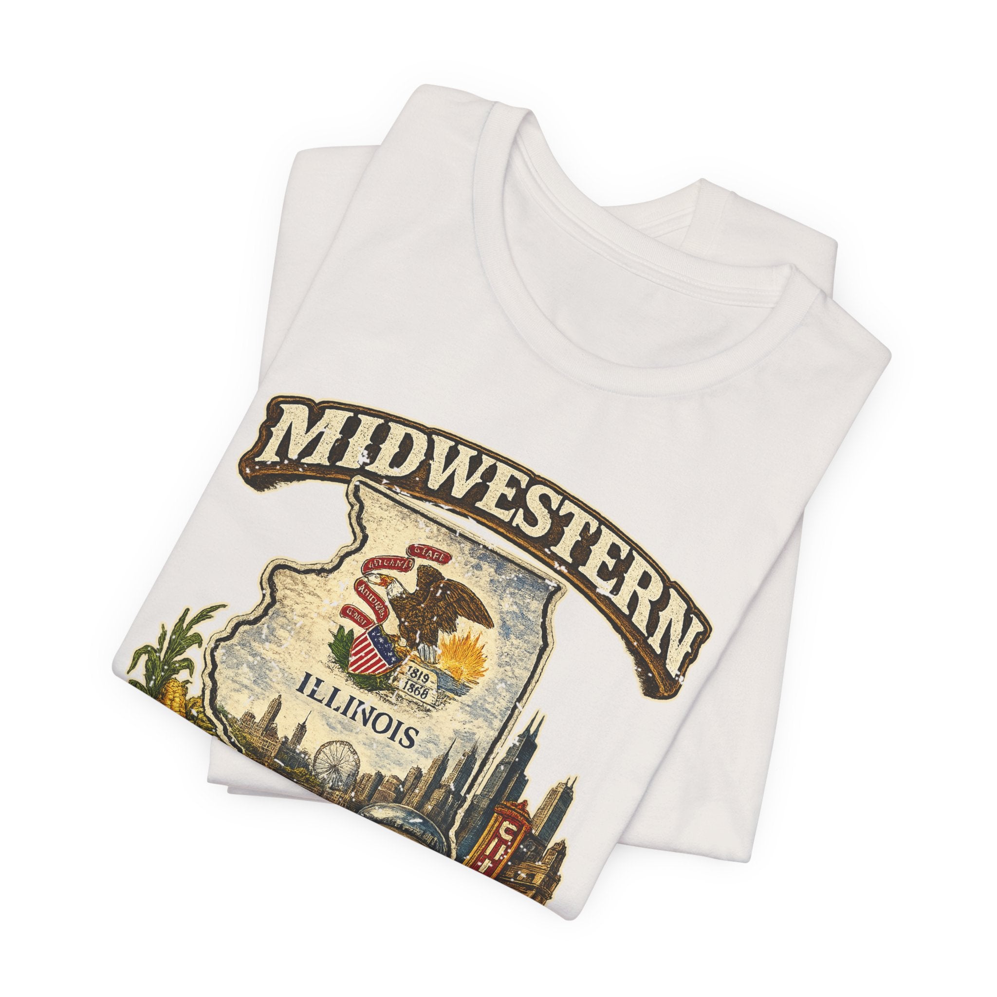 Midwestern As Fuck Illinois T-Shirt – product photo 24 featuring a distressed vintage design featuring the Illinois state outline overlaid with the state flag, surrounded by the Chicago skyline, the Chicago Theatre sign, The Bean, deep-dish pizza, a Chicago-style hot dog, and towering corn fields