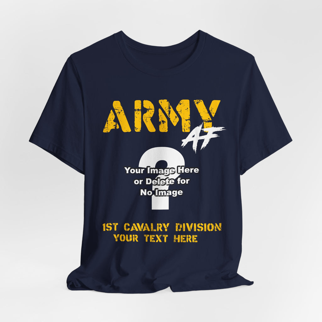 Personalized U.S. Army AF T-shirt in Navy shown flat with the custom photo area and unit text