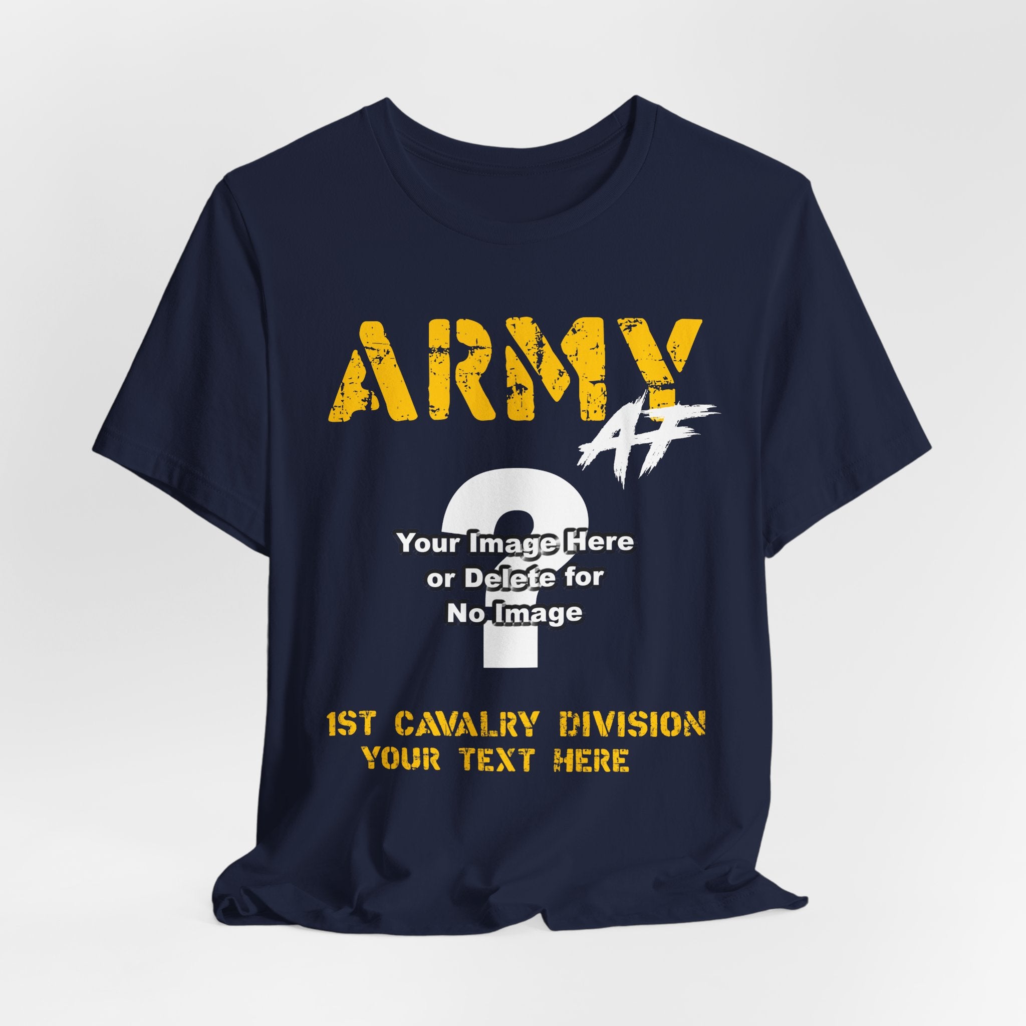 Personalized U.S. Army AF T-shirt in Navy shown flat with the custom photo area and unit text