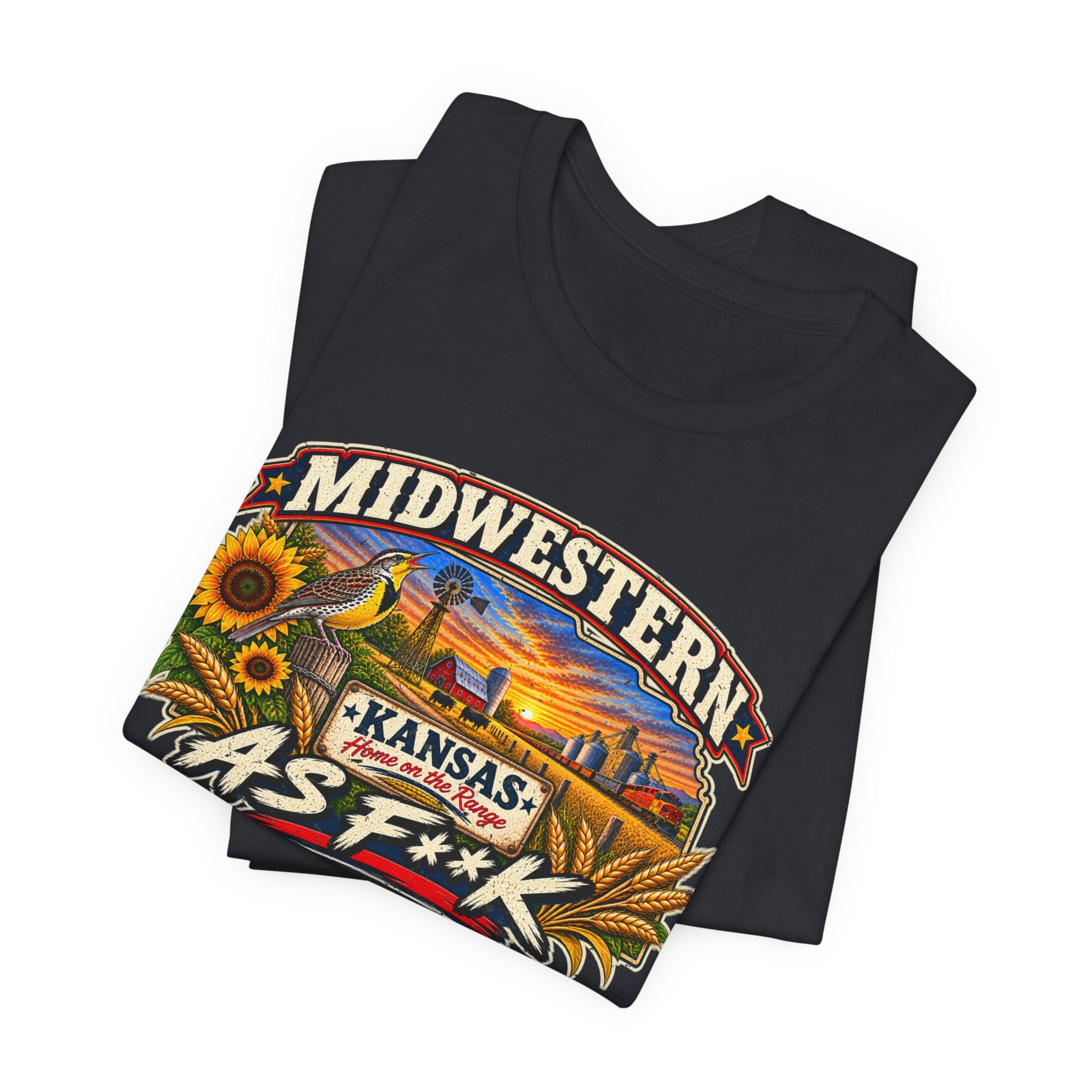 Folded vintage black Kansas As F**K tee with the sunflower badge up close