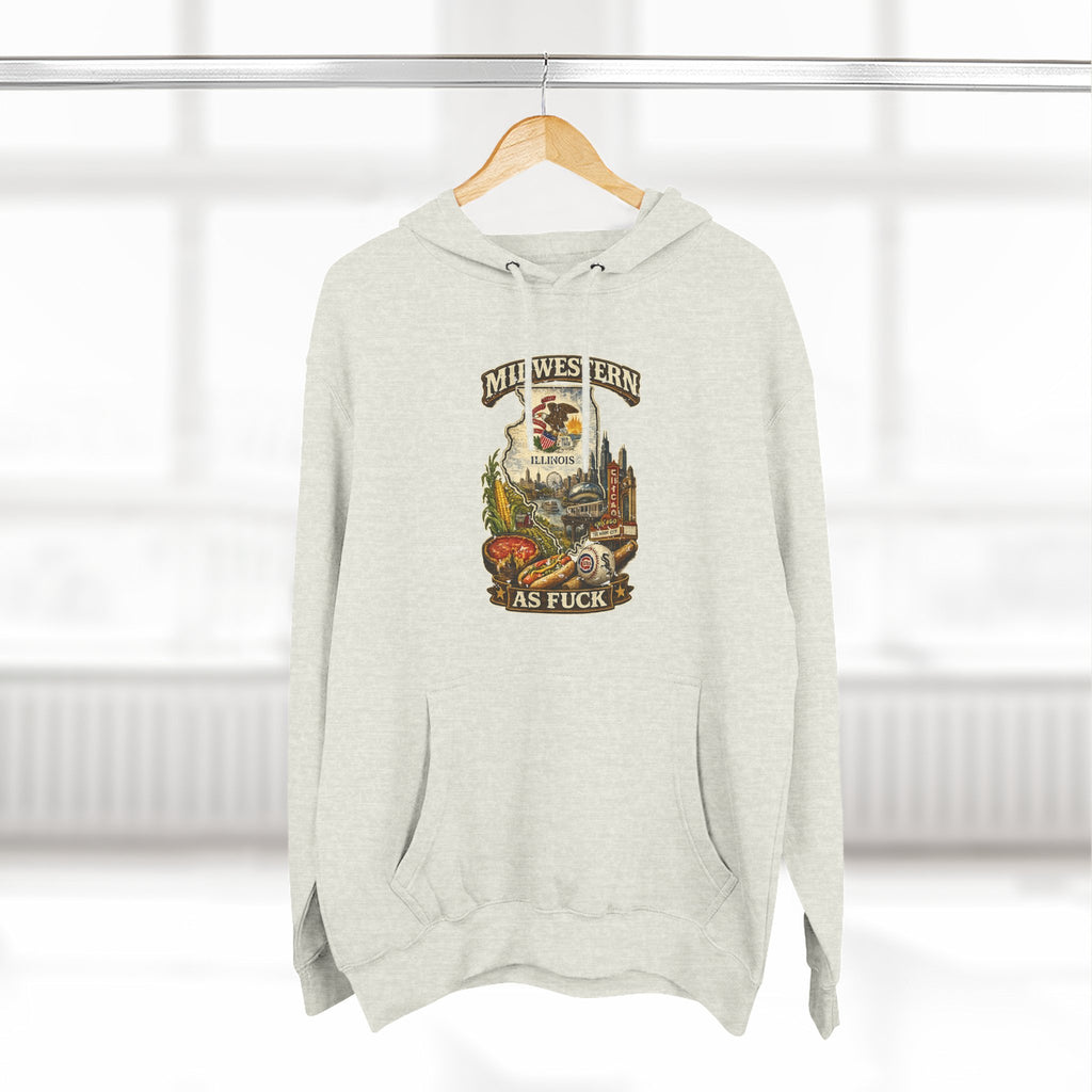 Midwestern As Fuck Illinois Hoodie – product photo 19 featuring a distressed vintage design featuring the Illinois state outline overlaid with the state flag, surrounded by the Chicago skyline, the Chicago Theatre sign, The Bean, deep-dish pizza, a Chicago-style hot dog, and towering corn fields