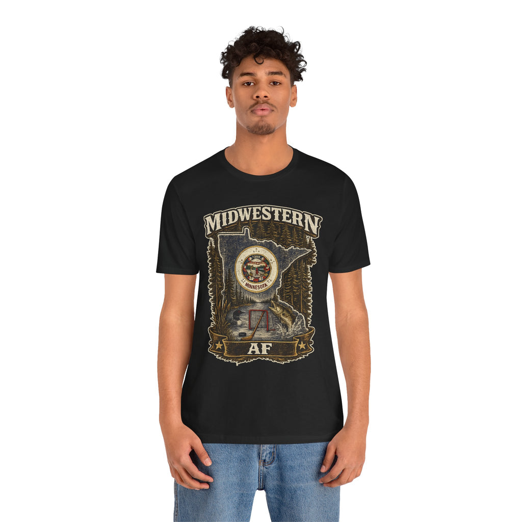 Family Friendly Midwestern AF Minnesota T-Shirt – product photo 7 featuring the distressed state flag, pine trees, loon and walleye design