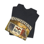 Family Friendly Midwestern AF Iowa T-Shirt – product photo 27 featuring a distressed vintage design featuring the outline of Iowa overlaid with the Iowa state flag, surrounded by towering corn stalks, rolling farmland, a classic red barn, a windmill, a tractor, and an overflowing harvest basket