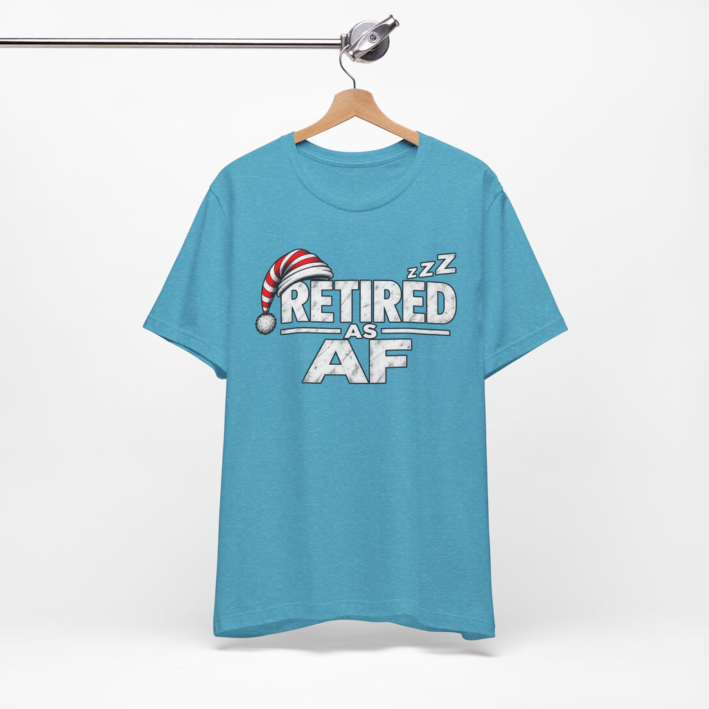 Heather Aqua Retired AF tee on a wooden hanger showing the front retirement print