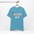 Heather Aqua Retired AF tee on a wooden hanger showing the front retirement print