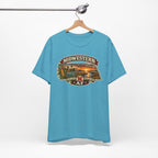 Heather aqua Nebraska T-shirt on a hanger with the Nebraska sunset graphic centred on the chest