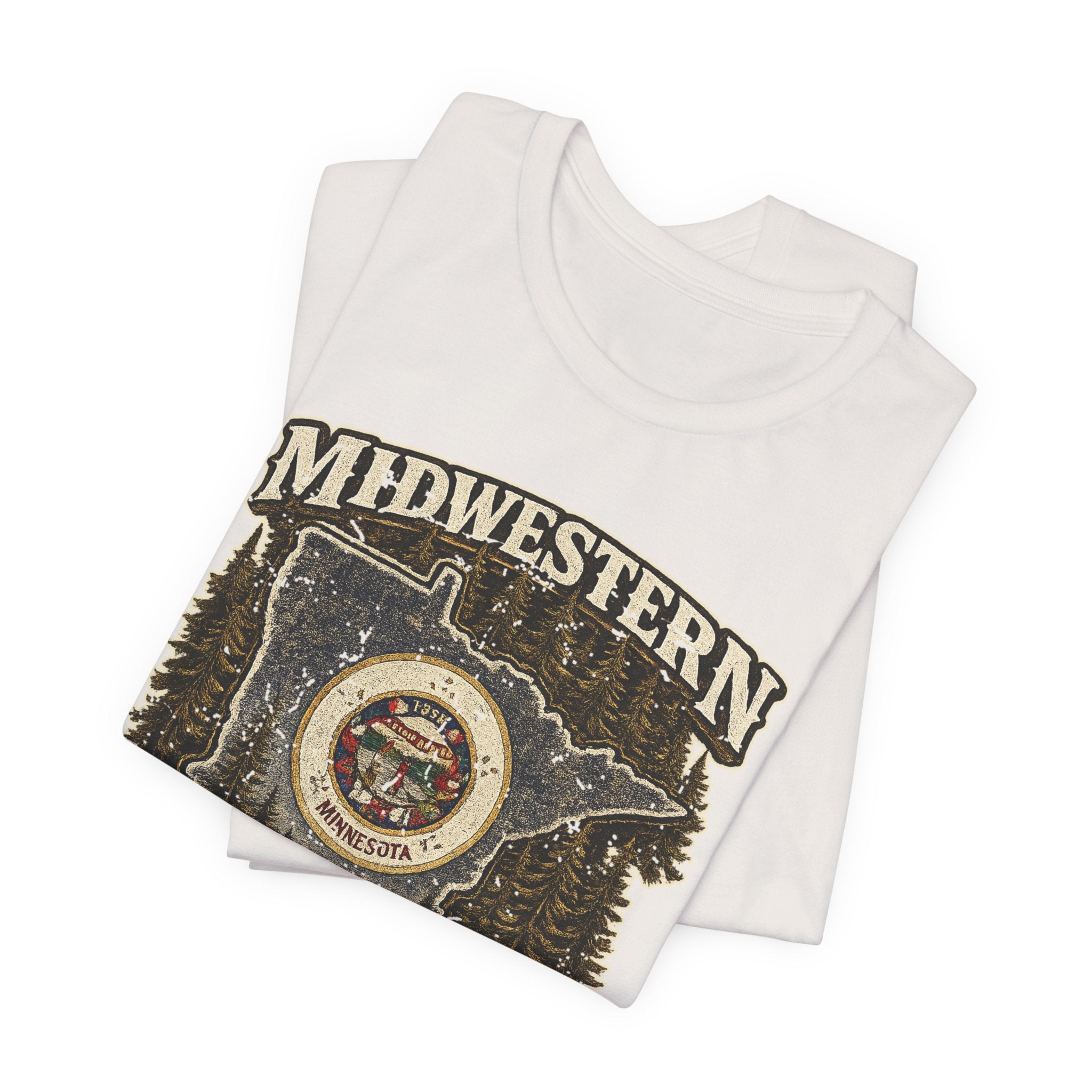 Slightly Salty Midwestern As F**K Minnesota T-Shirt – product photo 24 featuring the distressed state flag, pine trees, loon and walleye design