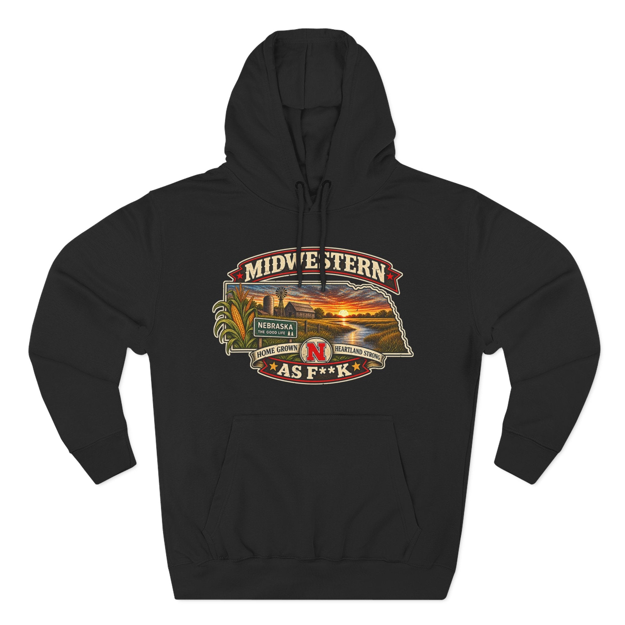 Black Nebraska As F**K hoodie laid flat showing the full-colour Midwestern graphic