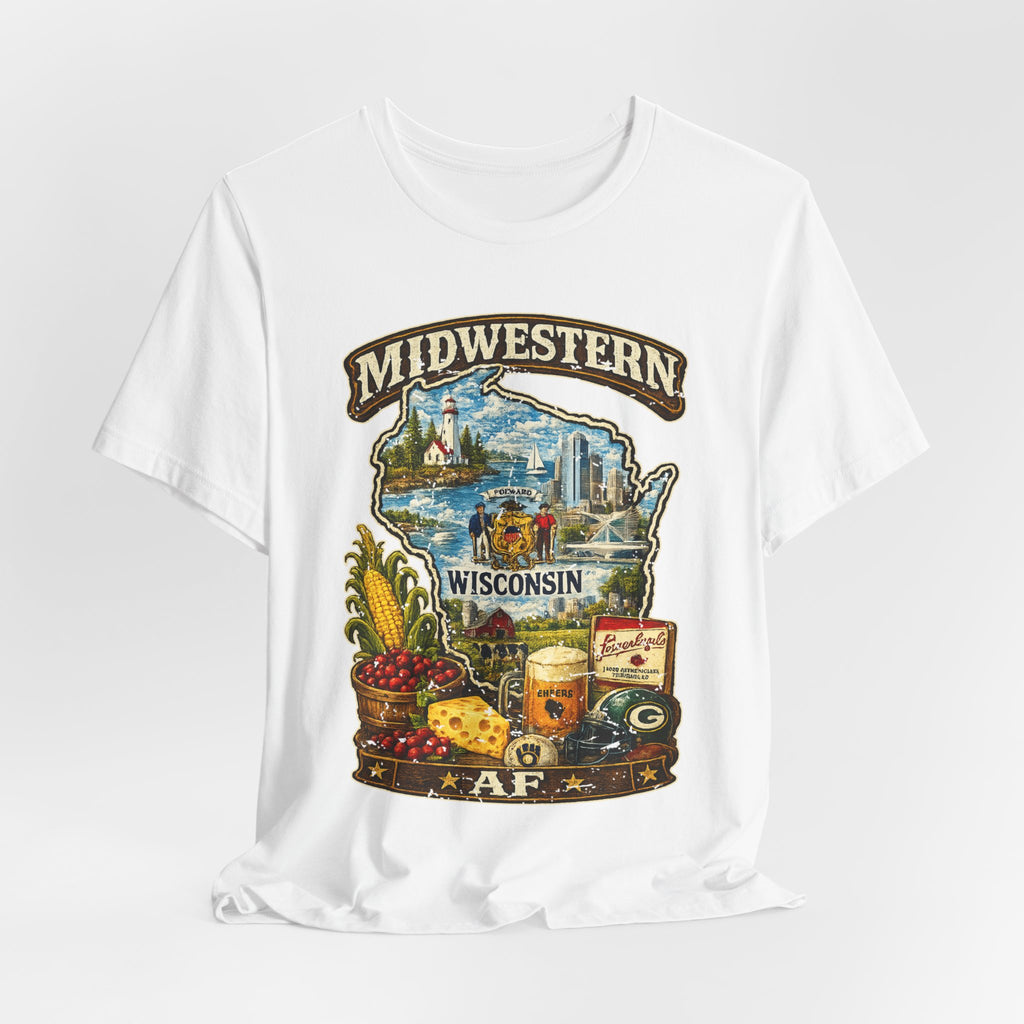 Midwestern AF Wisconsin T-Shirt | Funny Wisconsin Pride Tee | Bella + Canvas 3001 | Family Friendly Cheesehead State Shirt