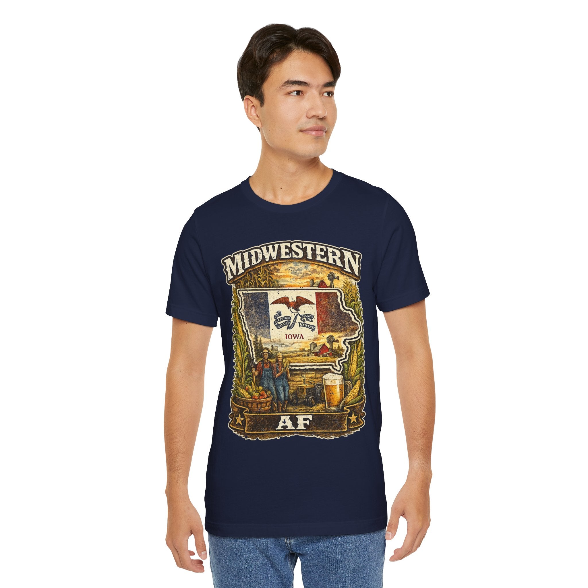 Family Friendly Midwestern AF Iowa T-Shirt – product photo 14 featuring a distressed vintage design featuring the outline of Iowa overlaid with the Iowa state flag, surrounded by towering corn stalks, rolling farmland, a classic red barn, a windmill, a tractor, and an overflowing harvest basket
